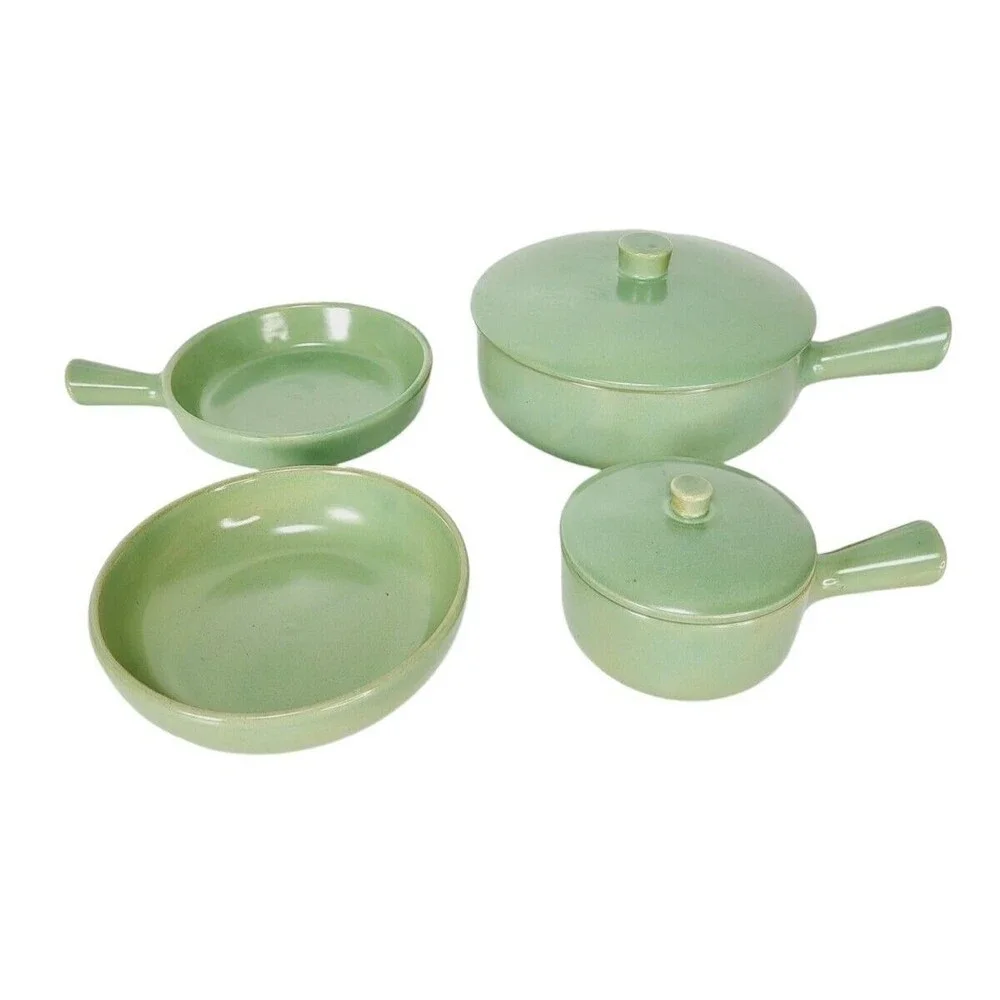 VTG 40s 50s MCM La Solana Stoneware Pottery Cookware Set Pots Pans & Bowl Green